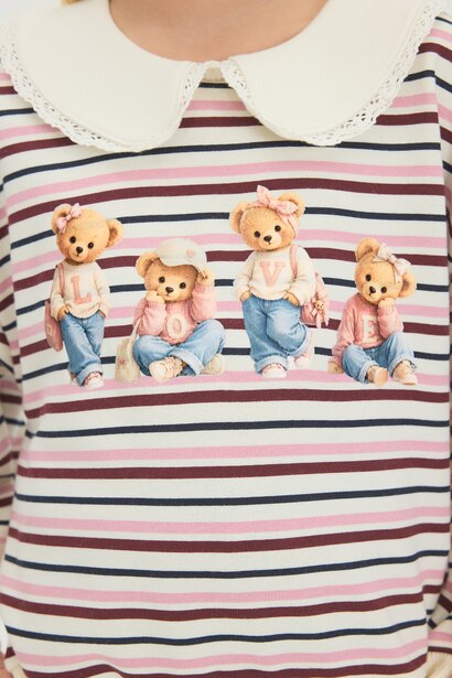 Baby Girl Teddy Bear Print Striped Sweatshirt