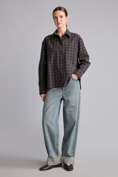 Oversize Uzun Kollu Kareli Poplin Gömlek