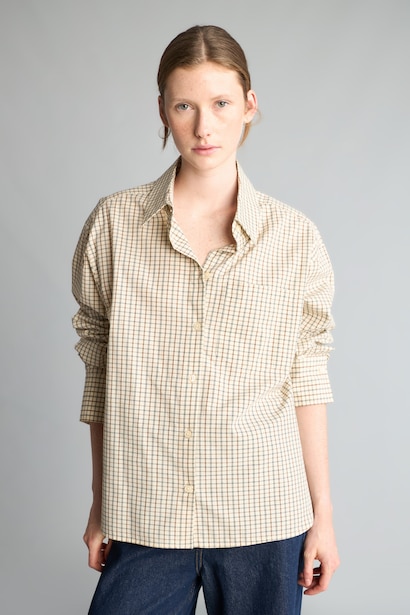 Oversize Fit Shirt Collar Poplin Plaid Long Sleeve Shirt