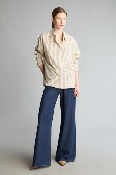 Oversize Fit Shirt Collar Poplin Plaid Long Sleeve Shirt