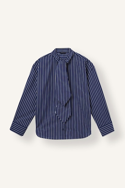Oversize Kravat Yaka Çizgili Poplin Gömlek