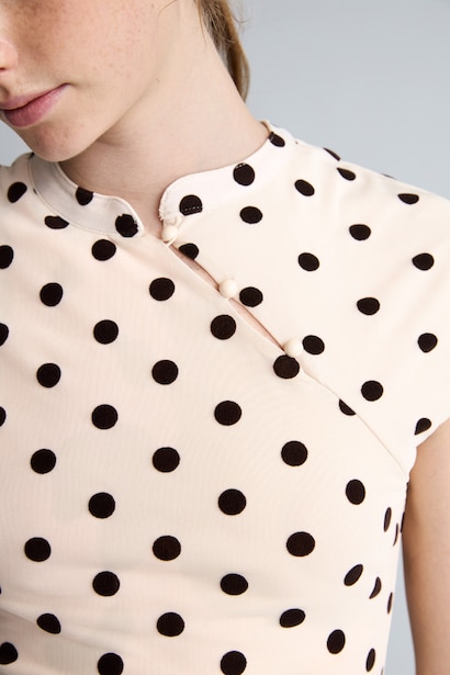 Slim Fit Polka Dot Tulle High Neck T-Shirt