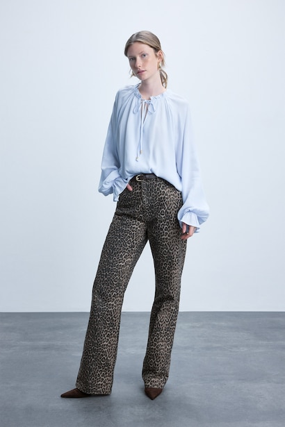 %100 Pamuk Leopar Desenli Straight Fit Pantolon
