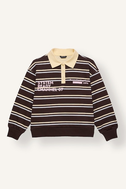 Woman Oversize Fit Slogan Polo Collar Sweatshirt