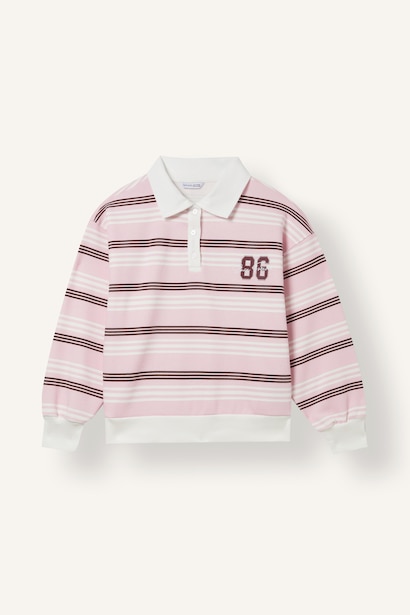 Oversize Çizgili Polo Yaka Sweatshirt Kız Çocuk