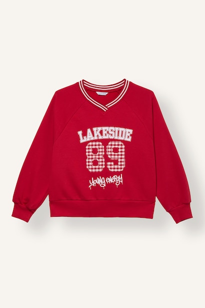 Oversize V Yaka Baskılı Sweatshirt Kız Çocuk