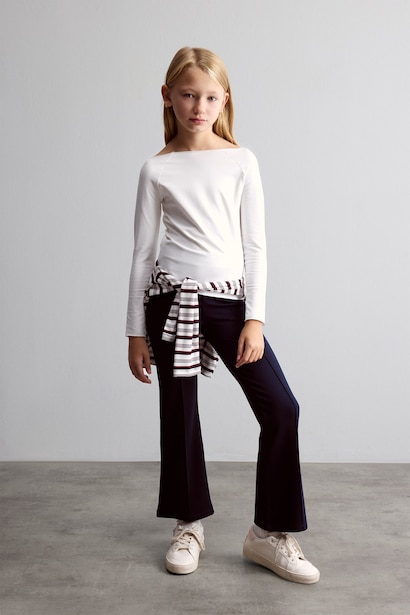 Slim Fit Büyük Yaka Uzun Kollu Basic Tişört Kız Çocuk