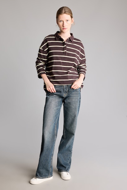 %100 Pamuk Oversize Polo Yaka Çizgili Sweatshirt