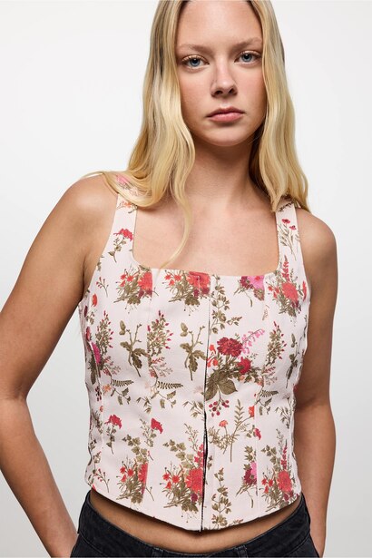 %100 Pamuk Korse Detaylı Çiçekli Crop Bluz