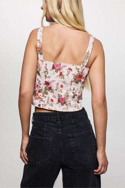 %100 Pamuk Korse Detaylı Çiçekli Crop Bluz