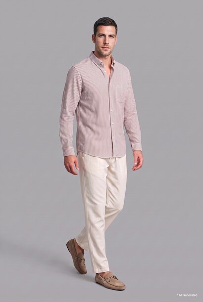 Regular Fit Fine-Striped Cotton Long Sleeve Shirt