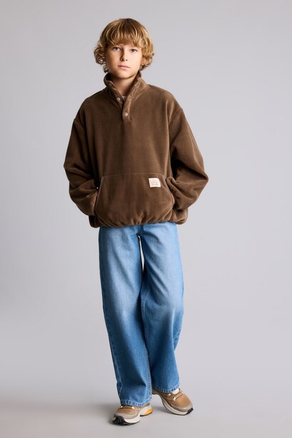 Oversize Çıtçıtlı Polar Basic Sweatshirt Erkek Çocuk