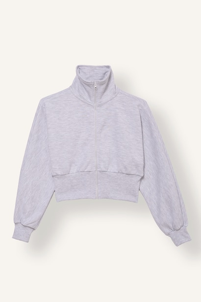 Fermuarlı Dik Yaka Crop Basic Hırka Kız Çocuk
