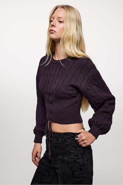 Regular Fit Saç Örgülü Bağcıklı Crop Kazak
