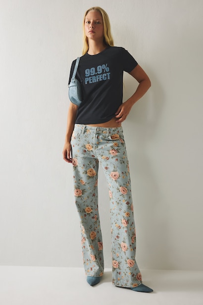 %100 Pamuk Çiçekli Straight Fit Pantolon