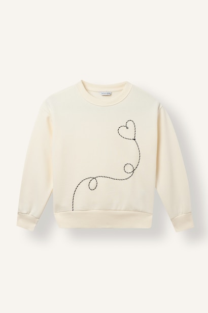Relax Fıt Bisiklet Yaka Kalp Desenli İçi Yumuşak Tüylü Kalın Sweatshirt Kumaşı Sweatshirt Kız Çocuk