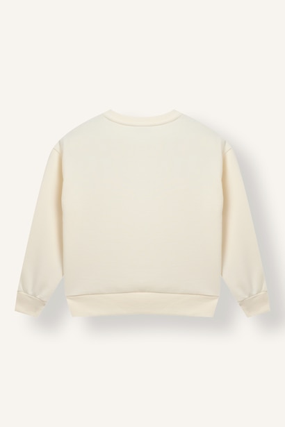 Relax Fıt Bisiklet Yaka Kalp Desenli İçi Yumuşak Tüylü Kalın Sweatshirt Kumaşı Sweatshirt Kız Çocuk