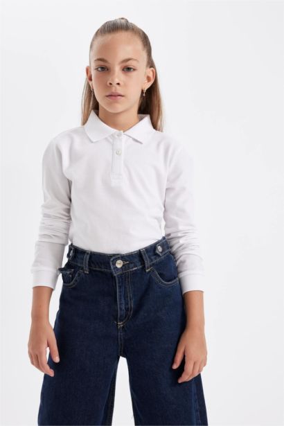 Girl White Polo Neck Basic School T-Shirt