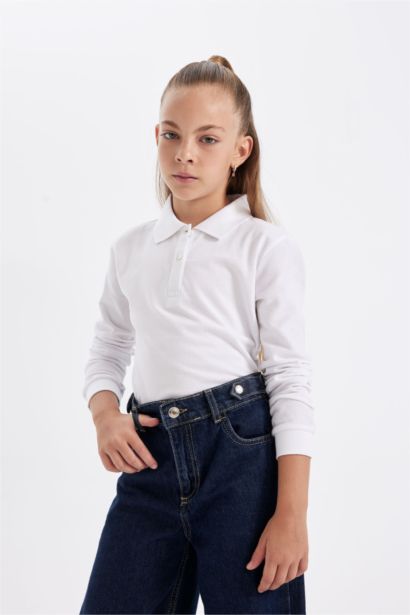 Girl White Polo Neck Basic School T-Shirt