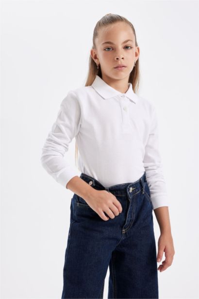 Girl White Polo Neck Basic School T-Shirt