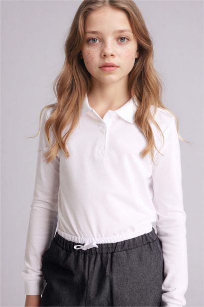 Girl White Polo Neck Basic School T-Shirt