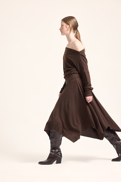 A-Line Mid Rise Asymmetric Knitted Midi Skirt