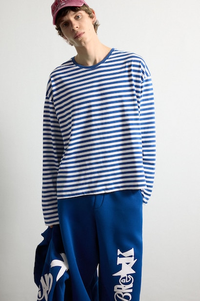 T-shirt boxy rayé 100% coton à manches longues
