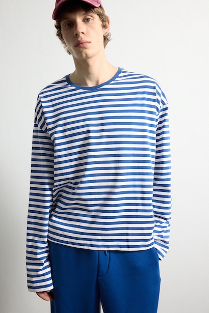 T-shirt boxy rayé 100% coton à manches longues