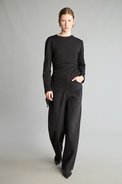 %100 Pamuk Slim Fit Büzgülü Uzun Kollu Basic Tişört