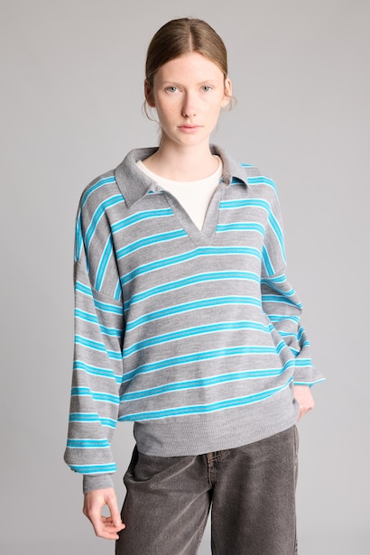 Relaxed Fit Polo Yaka Çizgili Kazak