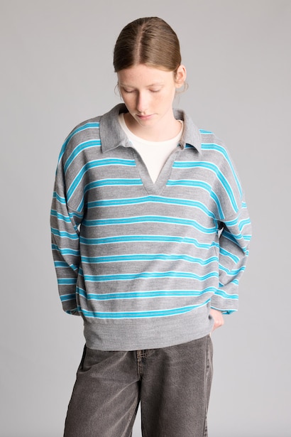 Relaxed Fit Polo Yaka Çizgili Kazak