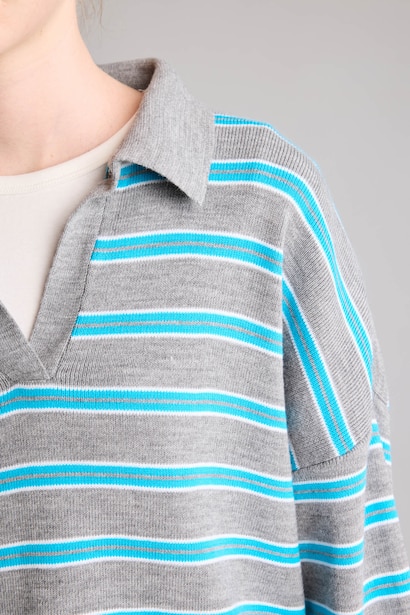 Relaxed Fit Polo Yaka Çizgili Kazak