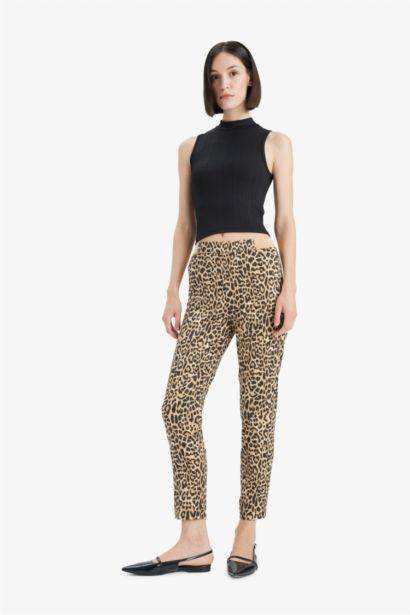 Sigaret Normal Bel Leopar Desenli Düz Paça Saten Pantolon