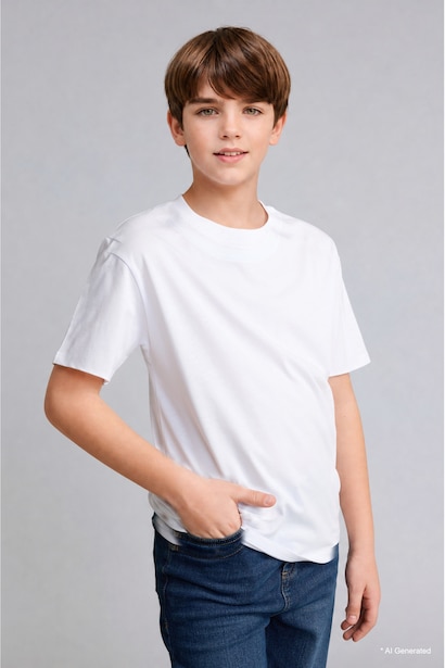Boy Regular Fit White 100% Cotton Crew Neck Short Sleeve T-Shirt