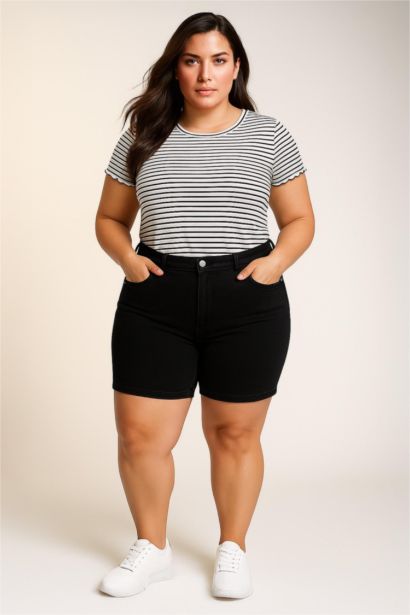 تيشيرت مخطط نص كم برقبة مستديرة