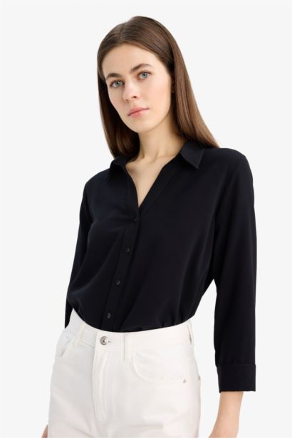 Regular Fit Basic Düz Uzun Kollu Siyah Gömlek