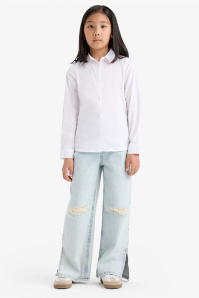 Slim Fit Dar Kesim Bengalin Uzun Kollu Okul Gömleği Kız Çocuk