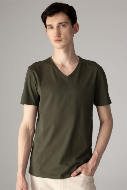 %100 Pamuk Slim Fit Dar Kesim V Yaka Basic Düz Kısa Kollu Tişört