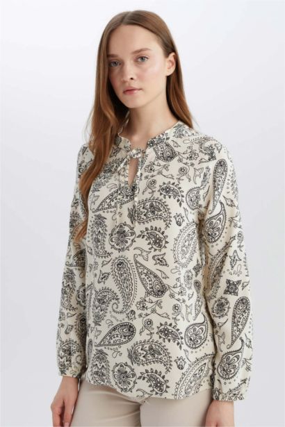 Regular Fit Crew Neck Printed Long Sleeve Blouse