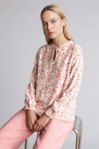 Regular Fıt Bisiklet Yaka Baskılı Uzun Kollu Bluz