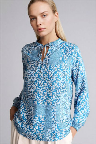 Regular Fıt Bisiklet Yaka Baskılı Uzun Kollu Bluz