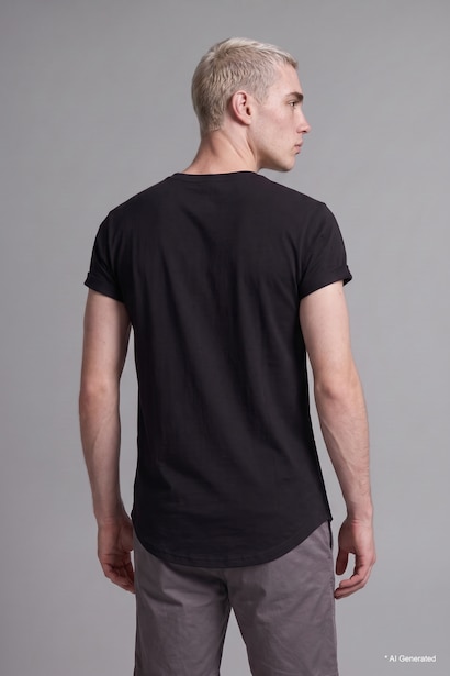Long Muscle Fit Crew Neck Basic Black T-Shirt