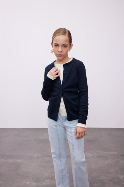 Girl Navy Bike Neck Buttoned School Cardigan