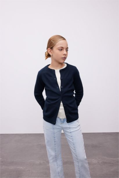 Girl Navy Bike Neck Buttoned School Cardigan