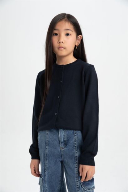 Girl Navy Bike Neck Buttoned School Cardigan