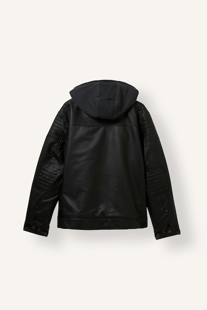 Slim Fit Hooded Faux Leather Zip-Up Jacket with Plush Lining