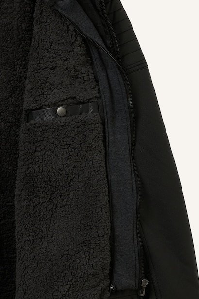 Slim Fit Hooded Faux Leather Zip-Up Jacket with Plush Lining