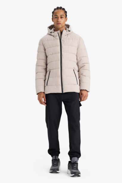 Su İtici Slim Fit Dar Kesim Astarlı Kapüşonlu Fermuarlı Cepli Dolgulu Mont