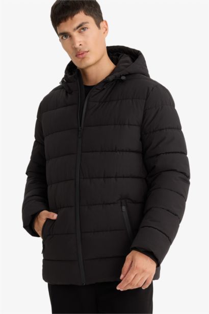 Slim Fit Lined Zippered Hooded Puffer Jacket