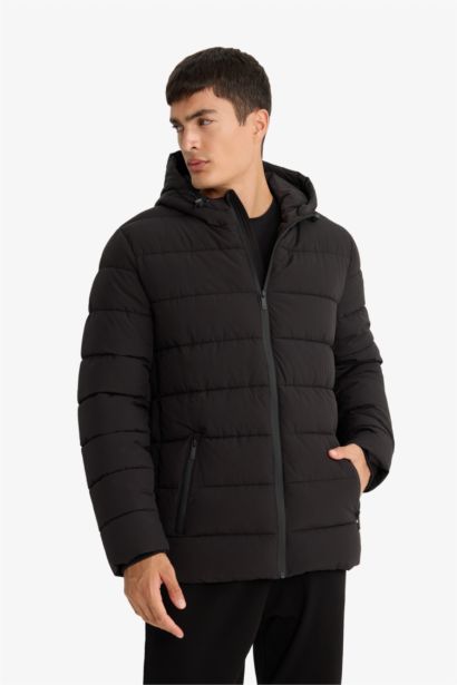 Slim Fit Lined Zippered Hooded Puffer Jacket